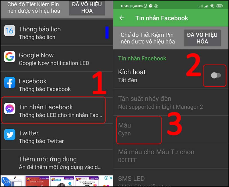 Chọn ứng dụng cần đổi màu đèn LED thông báo > Gạt nút sang phải để kích hoạt > Chọn mục Màu.